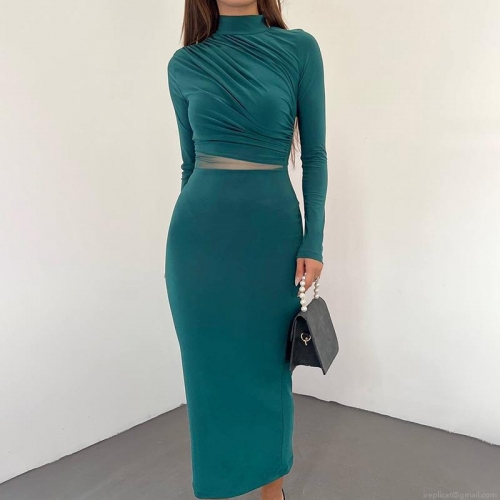 Women Mock Neck Mesh Patchwork Long Sleeve Dress Ruched Bodycon Maxi Dress Sexy Slim Fit Evening Party Clubwear Cocktail Autumn Gown Polyester Spandex