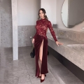 Women's Sexy Backless Lace Patchwork Velvet Maxi Dress Elegant High Slit Long Sleeve Bodycon Evening Party Long Gown Polyester Spandex Burgundy Clubwear For Ladies