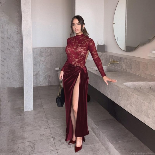 Women's Sexy Backless Lace Patchwork Velvet Maxi Dress Elegant High Slit Long Sleeve Bodycon Evening Party Long Gown Polyester Spandex Burgundy Clubwear For Ladies