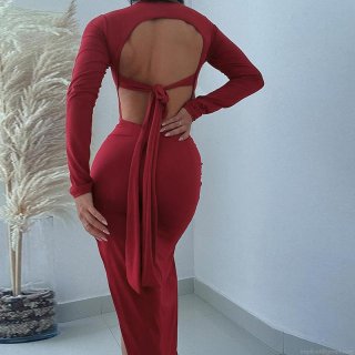 Women Sexy Backless Maxi Dress Long Sleeve High Side Slit Bodycon Night Out Party Celebrity Style Polyester Spandex Blend Solid Color Evening Gown