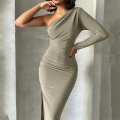 One Shoulder Ruched Bodycon Maxi Dress For Women Elegant Sexy Long Sleeve Side Slit Evening Party Club Dress Polyester Spandex High Waist Robe Olive Green Red Black