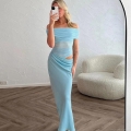 Women's Sexy Off-The-Shoulder Ruched Maxi Dress Elegant Cut-Out Waist Bodycon Polyester Spandex Shirring Evening Party Club Slim Fit Long Dress