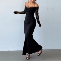 Women's Sexy Off-Shoulder Lace Patchwork Bodycon Maxi Dress Elegant Polyester Spandex Fishtail Evening Party Dress For Ladies Banquet Clubwear Autumn