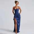 Women Sexy Satin Spaghetti Strap Maxi Dress Elegant Pleated High Slit Backless Evening Party Gown For Wedding Prom Cocktail Guest Long Dress