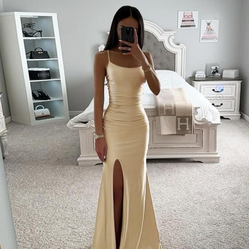 Sexy Women's Champagne Satin Maxi Dress Elegant Ruched Bodycon Fishtail Evening Gown High Slit Sleeveless Camisole Party Dress For Banquet Wedding