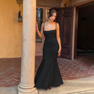 Women Sexy Backless Satin Jacquard Maxi Dress Elegant Slim Fit Fish Tail Cami Evening Party Wedding Prom Dress Sleeveless High Waist Long Robe