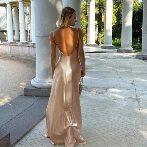 Women's Sexy V-Neck Backless Satin Spaghetti Strap Bodycon Maxi Dress Elegant Wedding Party Evening Slip Gown Polyester Spandex