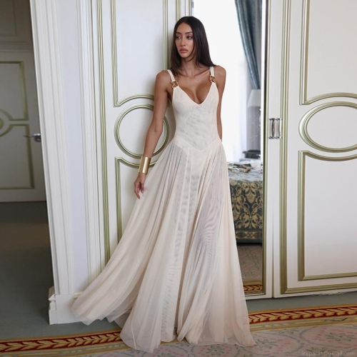 Women Sexy V Neck Sleeveless Mesh Maxi Dress With Metal Buckles Elegant Celebrity Party Evening Backless Long Dress For Vacation