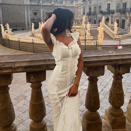 Women French Vintage Off-Shoulder Spaghetti Strap Maxi Dress Elegant Lace Hollow Out Ruffle A-Line High Waist Long Sundress For Summer Beach Vacation Party