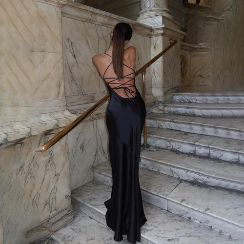 Women Sexy Backless Lace-up Maxi Dress Satin Spaghetti Strap Ruched Bodycon Evening Party Long Dress Elegant Clubwear Vestidos Solid Color Polyester Spandex Dress
