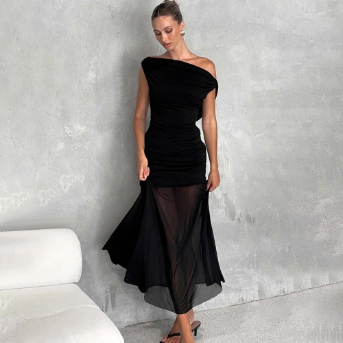Sexy Cowl Neck Backless Maxi Dress Women Polyester Mesh Splicing Ruched Slim Fit Evening Party Long Dress Sleeveless Clubwear Elegant Chic Dress