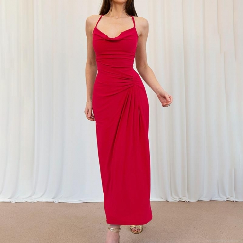 Women Sexy Cowl Neck Backless Crossover Tie-Up Maxi Dress Ruched Slim Fit Evening Party Gown Polyester Spandex Formal Long Dress