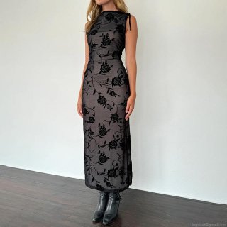 Women's Sexy Black Rose Floral Flocked Mesh Sleeveless Maxi Dress Elegant See-Through Bodycon Long Evening Party Clubwear Dress