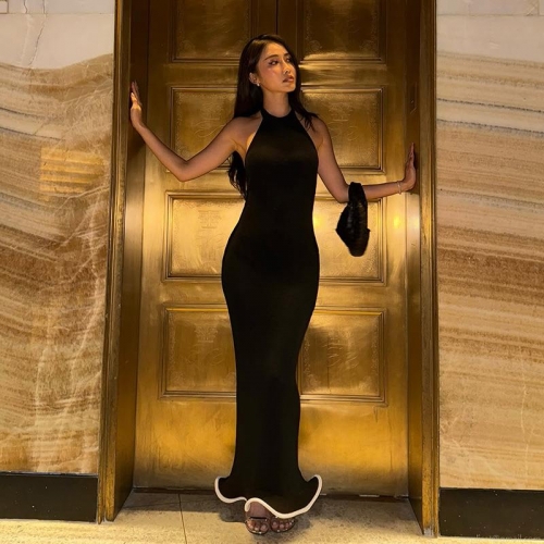 Sexy Halter Backless Slim Fit Maxi Dress For Women Elegant Contrast Scalloped Hem Sleeveless Knit Bodycon Party Evening Wedding Guest Dress