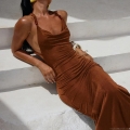 Sexy Halter Backless Maxi Dress For Women Summer Metallic Shiny Ruched Bodycon Long Dress With Beaded Straps For Beach Party Vacation Resort Wear