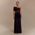 Sexy Mesh Patchwork Ruched Maxi Dress for Women Elegant One Shoulder Perspective Bodycon Party Evening Long Dress Polyester Spandex Summer Sleeveless Gown