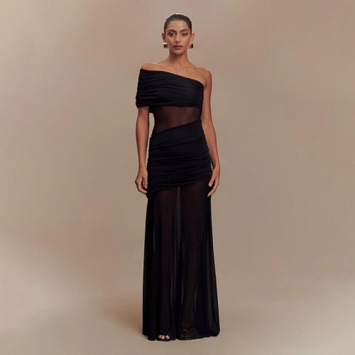 Sexy Mesh Patchwork Ruched Maxi Dress for Women Elegant One Shoulder Perspective Bodycon Party Evening Long Dress Polyester Spandex Summer Sleeveless Gown