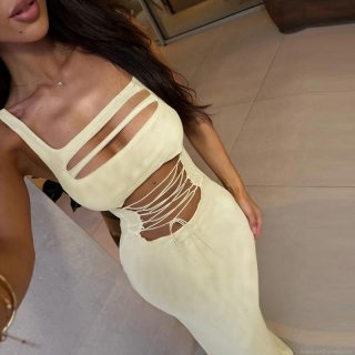 Women's Sexy Cutout Lace-Up Bodycon Maxi Dress Sleeveless Solid Color High Waist Long Dress For Party Resort Club Summer Wear