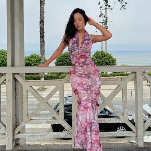 Sexy Halter Deep V Neck Backless Marble Print Maxi Dress Slim Fit Summer Beach Resort Party Long Dress For Women