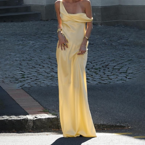 Women's Sexy Satin Maxi Dress Asymmetric One Shoulder Cowl Neck Sleeveless Bodycon Long Dress Solid Color Elegant Summer Party Vacation Evening Gown