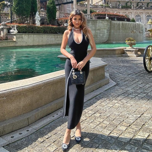 Elegant Halter Neck Maxi Dress For Women Sexy Backless Side Split Bodycon Evening Party Dress With Pearl Trim Contrast Piping Polyester Spandex Long Dress
