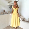 French Retro Maxi Dress Women Summer Puff Short Sleeve Square Neck Tie Front Slim Fit High Waist Solid Color Vacation Long A-Line Dress