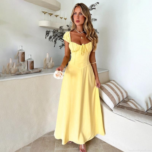 French Retro Maxi Dress Women Summer Puff Short Sleeve Square Neck Tie Front Slim Fit High Waist Solid Color Vacation Long A-Line Dress
