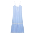 Women's Elegant Light Blue Cami Maxi Dress With White Lace Trim V-Neck Pleated Backless Summer Vacation Polyester Long Dress