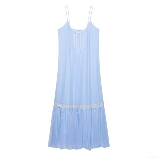 Women's Elegant Light Blue Cami Maxi Dress With White Lace Trim V-Neck Pleated Backless Summer Vacation Polyester Long Dress