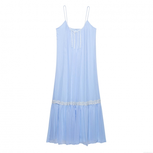 Women's Elegant Light Blue Cami Maxi Dress With White Lace Trim V-Neck Pleated Backless Summer Vacation Polyester Long Dress
