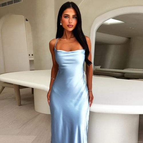 Elegant Satin Backless Maxi Dress Cowl Neck Spaghetti Strap Slim Fit Sexy Evening Party Prom Gown For Women