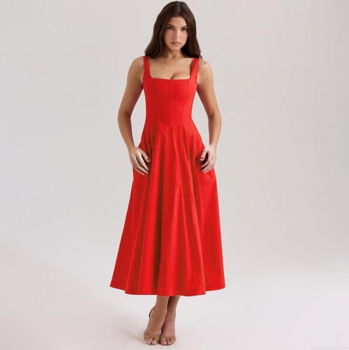 Women's Sexy Backless Corset Maxi Dress Polyester Spandex Square Neck Sleeveless Red Long Dress For Party Club Evening Lady Summer A-Line Dress