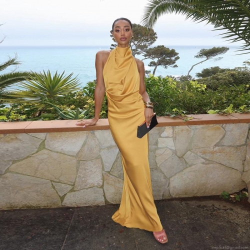 Sexy Halter Neck Satin Maxi Dress Backless Fishtail Evening Gown For Women Elegant Party Wedding Club Wear High Waist Pullover Long Dress