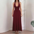 Sexy Halter Backless Maxi Dress For Women V Neck Sleeveless Cross Straps Polyester Spandex Knitted Party Evening Cocktail Long Dress