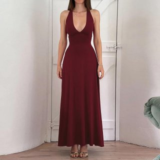 Sexy Halter Backless Maxi Dress For Women V Neck Sleeveless Cross Straps Polyester Spandex Knitted Party Evening Cocktail Long Dress