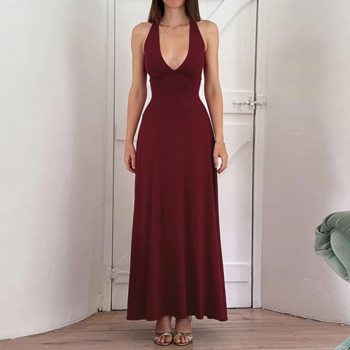 Sexy Halter Backless Maxi Dress For Women V Neck Sleeveless Cross Straps Polyester Spandex Knitted Party Evening Cocktail Long Dress