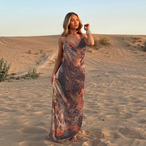Bohemian Vintage Printed Backless Maxi Slip Dress Sexy High Split V-Neck Halter Long Dress Women Summer Beach Vacation Party Brown Polyester Spandex