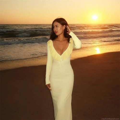 Women's Sexy V Neck Ruffle Bodycon Maxi Dress Long Sleeve Slim Fit Floor Length Solid Color Polyester Spandex Party Club Evening Dress