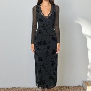 Women's Sexy Mesh Flocking Rose Floral Print Long Sleeve Maxi Dress Vintage Slim Fit Sheer Party Evening Dress For Ladies