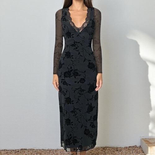 Women's Sexy Mesh Flocking Rose Floral Print Long Sleeve Maxi Dress Vintage Slim Fit Sheer Party Evening Dress For Ladies