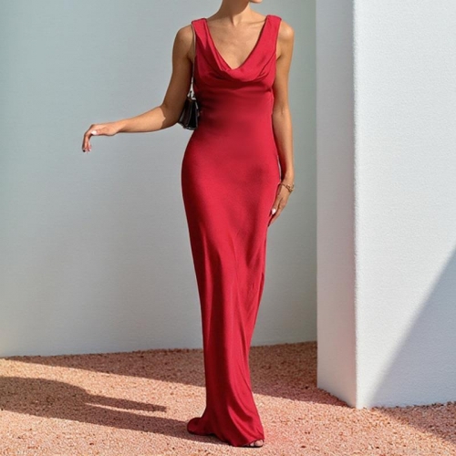 Women's Sexy Satin Cowl Neck Backless Maxi Dress Elegant Cross Back Floor Length Evening Gown For Wedding Party Banquet Celebrity Style