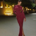 Women's Sexy Mock Neck Long Sleeve Slit Maxi Dress Slim Fit Ruched Bodycon Party Evening Dress Burgundy Black Brown Knitted Gown