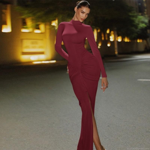 Women's Sexy Mock Neck Long Sleeve Slit Maxi Dress Slim Fit Ruched Bodycon Party Evening Dress Burgundy Black Brown Knitted Gown