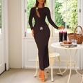 Women's Sexy Long Sleeve Maxi Dress Polyester Spandex With Cutout Rhinestone Metal Buckles Slim Fit Ruched Bodycon Knit Party Dress