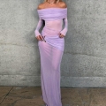 Women Sexy Off Shoulder Ruched Maxi Dress Long Sleeve Mesh Splicing Bodycon Long Dress With Metal Buckle For Party Club Evening Holiday
