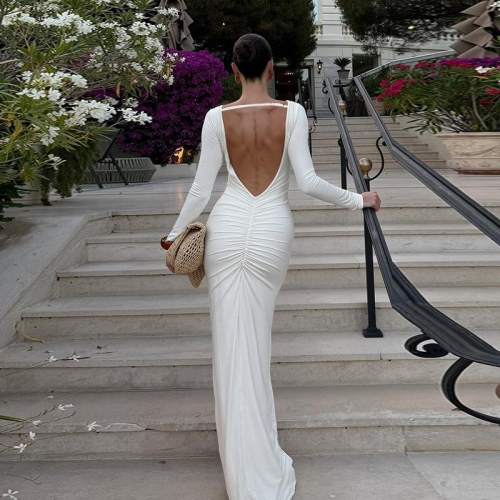 Elegant Backless Bodycon Maxi Dress For Women Sexy Long Sleeve Ruched Ice Silk Crinkle Evening Party Gown With Tie Back Detail