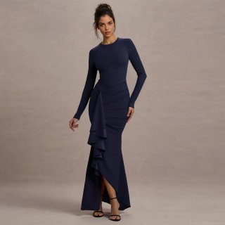 Elegant Women Long Sleeve Ruffle Maxi Dress Polyester Spandex Slim Fit Ruched Bodycon Evening Party Wedding Formal Fishtail Gown Dress
