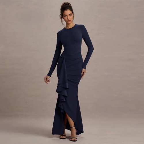 Elegant Women Long Sleeve Ruffle Maxi Dress Polyester Spandex Slim Fit Ruched Bodycon Evening Party Wedding Formal Fishtail Gown Dress