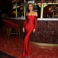 Elegant Off-The-Shoulder Ruched Maxi Dress For Women Sexy Slim Fit Long Sleeve Milk Silk Evening Party Gown Solid Color Floor Length Dress