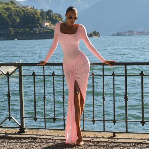 Women's Sexy Bodycon Maxi Dress Square Neck Long Sleeve High Slit Ruched Slim Fit Polyester Spandex Evening Party Dress For Fall Winter